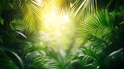 Obraz premium A vibrant tropical frame with lush green palm leaves, their sharp textures and natural curves creating a dynamic border, sunlight casting gentle highlights, the center left blank for text,