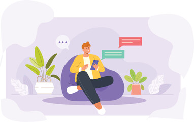 Fototapeta premium An illustration of chatting characters, featuring two or more individuals interacting through mobile devices, with speech bubbles, emojis, and vibrant mobile screens