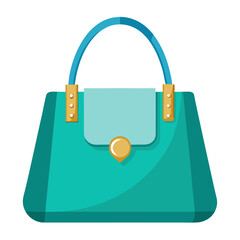 Turquoise Handbag Illustration with Gold Accents, Flat illustration of a turquoise handbag featuring a light blue flap, gold accents, and sleek handles, perfect for modern fashion visuals.  
