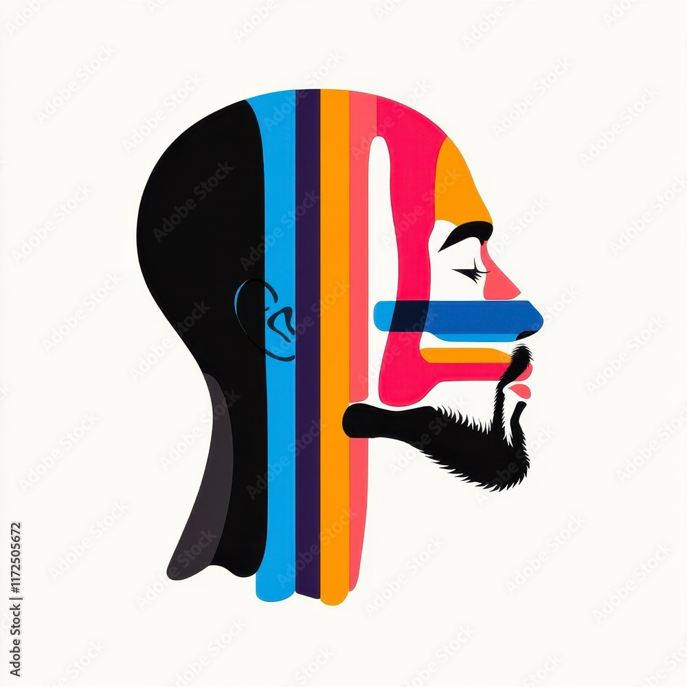 Poster artistic representation of a human profile with vibrant colors and graphic elements symbolizing dive
