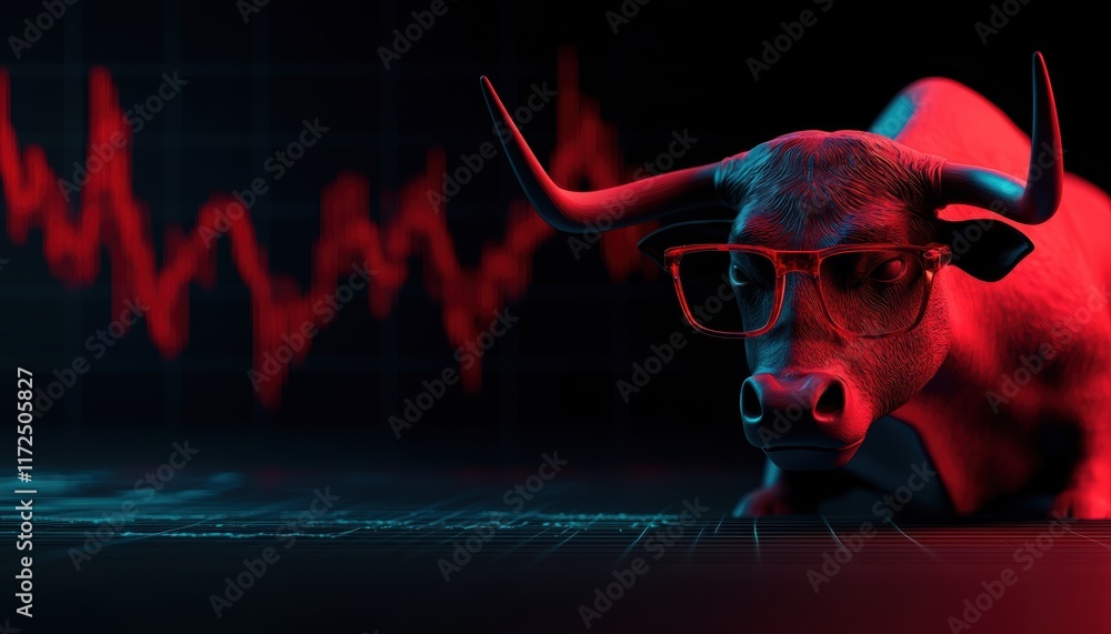 Poster symbolic bull at a trader s desk, intense focus on financial graphs and stock analysis in a high-tec