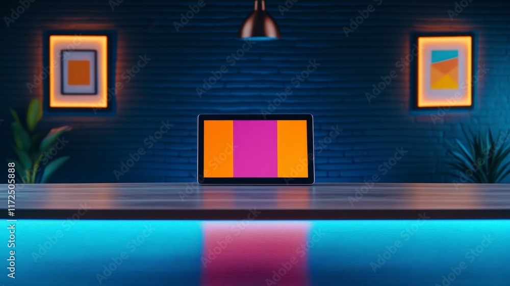 Aufkleber a modern workspace featuring a colorful digital display on a minimalist desk illuminated by ambient 