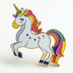 A colorful unicorn pin featuring vibrant rainbow mane and tail, designed with playful details and a whimsical expression.