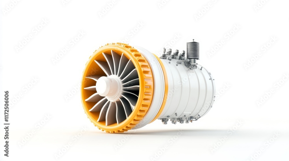 Poster detailed close-up of a modern jet engine component isolated on a white background, showcasing design