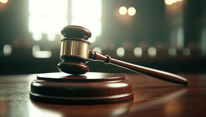 courtroom gavel rests on wooden desk, symbolizing justice and authority. warm lighting creates serious atmosphere, perfect for legal proceedings