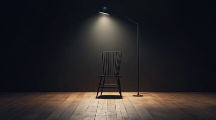 Empty chair in dark room lit by floor lamp.