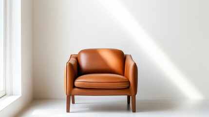 A sleek brown leather armchair in a bright white room with sunlight streaming through large windows, creating a warm, minimalist setting