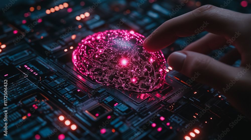 Poster neural network awakening: a hand gently interacts with a glowing, translucent brain model embedded w