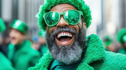 Joyful celebration at St. Patrick's Day parade with vibrant green attire and smiling participants in urban setting