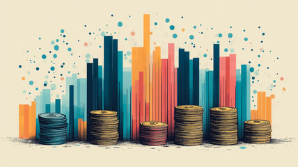 Obraz premium Financial Growth: A captivating illustration depicting coins stacked on a foundation of vibrant bar charts, symbolizing financial success, growth, and wealth. 