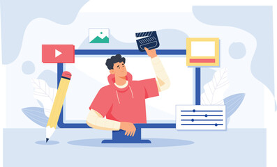 A flat 2D vector style illustration of creative video editing, featuring a computer screen with a timeline, video clips, transition effects, and editing tools like cut, trim, and filters