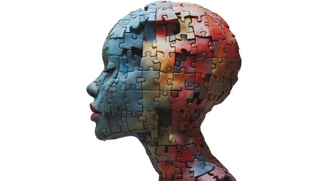 The Puzzle of Identity: A human head sculpted from puzzle pieces, symbolizing the complexities of self-discovery and the unique pieces that make up each individual.