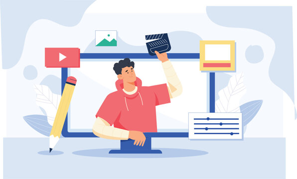 A flat 2D vector style illustration of creative video editing, featuring a computer screen with a timeline, video clips, transition effects, and editing tools like cut, trim, and filters