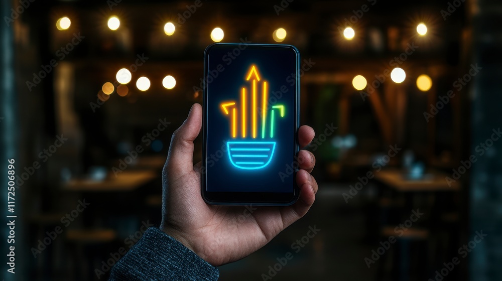 Poster a person holds a smartphone displaying a vibrant neon graphic of an upward-pointing arrow design in 