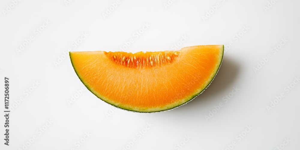 Poster fresh melon slice resting on a white background, showcasing the vibrant color and texture of the mel