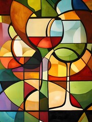 Fototapeta premium An abstract cubist painting depicts wine glasses using geometric shapes and vibrant colors