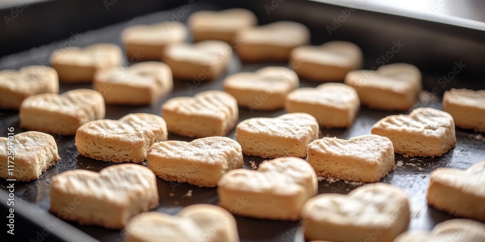 Poster Uncooked heart shaped biscuits arranged on a baking tray, showcasing the delightful shapes and textures of these uncooked biscuits in a closeup view for a charming baking scene.