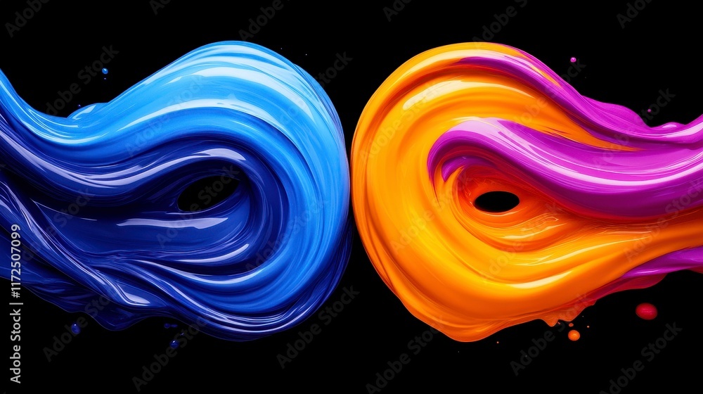 Poster swirling vibrant colors blending together to create a dynamic and artistic visual on a black backgro