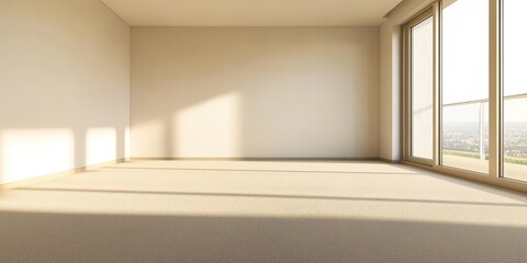 Fototapeta premium Empty unfurnished room featuring a beige carpet floor and access to a balcony. This empty room offers a blank canvas for personal design and decor, highlighting the spaciousness of the empty room.
