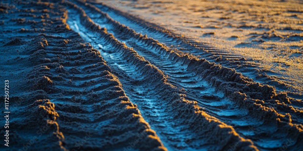 Poster Tire track on wet sand creates an abstract background texture that showcases the unique patterns formed by the tire track on the smooth surface of wet sand. Enjoy the aesthetic of this tire track.