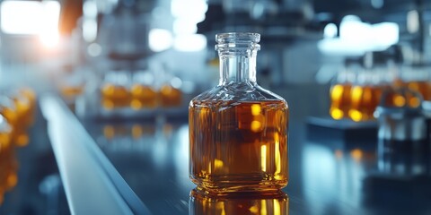 Synthetic oil in a bottle showcased in a laboratory setting, exemplifying the use of synthetic oil for various industrial applications and highlighting the benefits of synthetic oil in modern