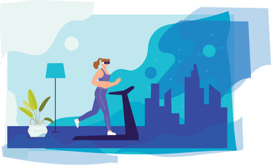 An illustration of a dynamic virtual fitness environment, with users engaging in workouts through VR headsets, surrounded by interactive exercise modules, virtual trainers