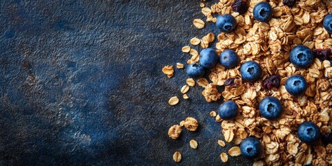 Granola featuring blueberry placed on a dark metal background, creating a visually appealing contrast. This granola with blueberry is perfect for healthy snacks or breakfast ideas.
