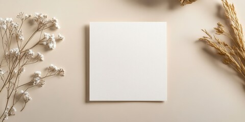 Square invitation card mockup featuring lagurus decoration displayed on a beige table, showcasing the elegant design and aesthetic appeal of the invitation card mockup for various events.