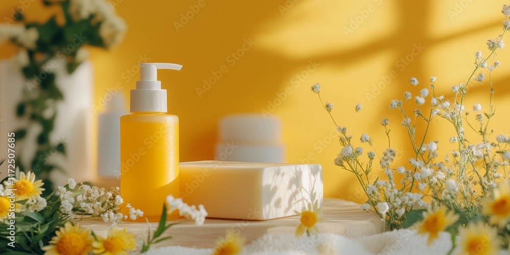 Poster serene nature inspired yellow spa setting featuring wildflowers and a selection of day spa cosmetics