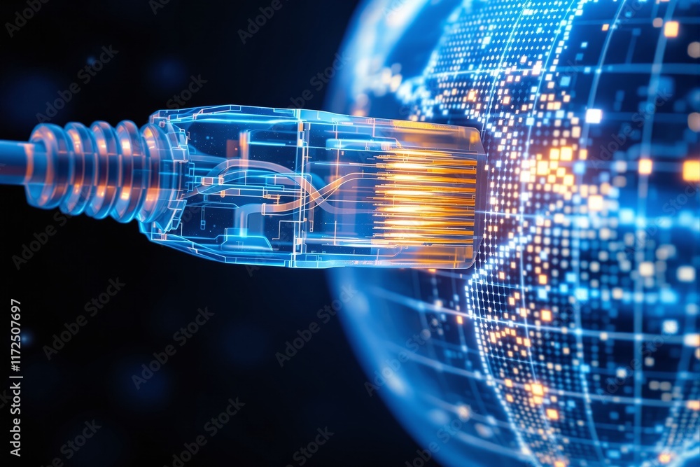 Aufkleber close-up of a transparent ethernet cable with glowing wires connected to a digital globe on a dark b