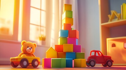Colorful Toy Blocks Teddy Bear and Toy Car in Sunny Room