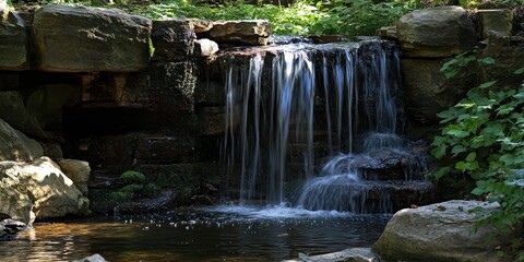 Obraz premium Charming small waterfall nestled in a quaint area, showcasing the beauty of nature with a small waterfall cascading gently, perfect for serene moments and nature lovers seeking tranquility.