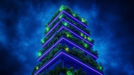 Futuristic skyscraper adorned with vibrant greenery, illuminated at night, against a dramatic blue sky