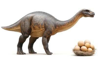 A dinosaur stands beside a nest of eggs, showcasing prehistoric life.