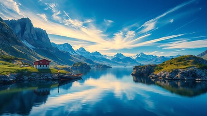 A serene red cabin nestled on a tranquil lake shore, surrounded by majestic snow-capped mountains under a vibrant blue sky with wispy clouds.