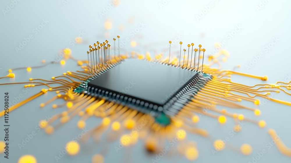 Aufkleber close-up view of a modern microchip surrounded by intricate gold electrode connections and glowing l