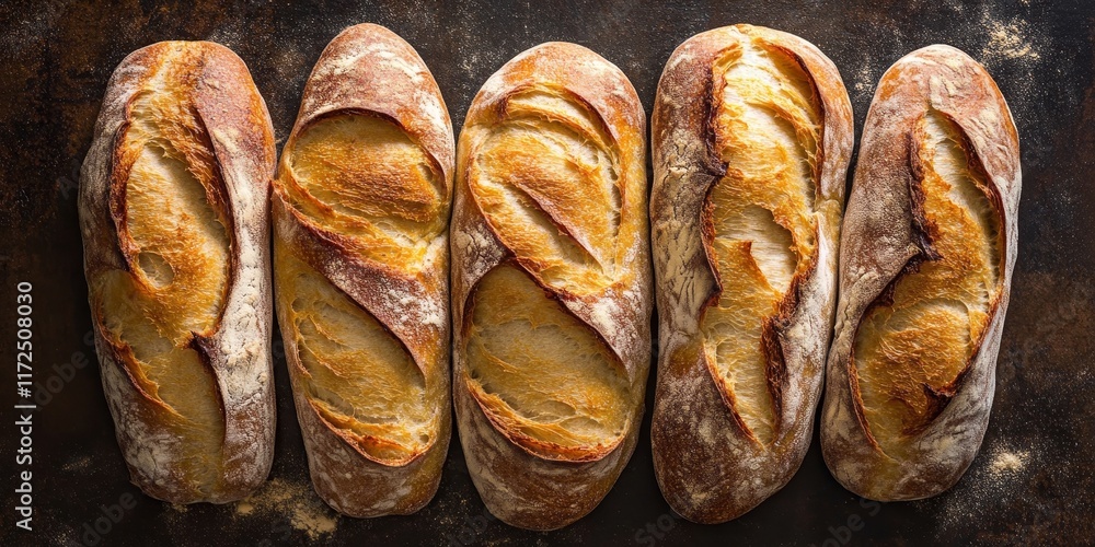 Poster overhead view of delicious italian bread showcasing its texture and crust, ideal for highlighting it