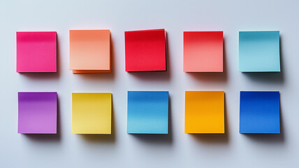 Colorful Post-it Notes: A vibrant collection of ten post-it notes in various colors, arranged in two rows of five, offering a blank canvas for creativity and organization.