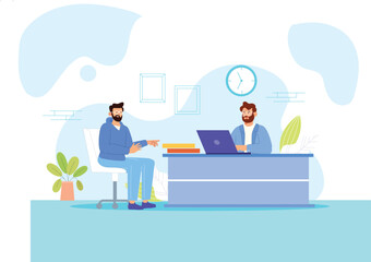 A vector flat 2D illustration of a face-to-face interview, featuring a candidate and interviewer seated at a table, with a notepad, pen, and documents