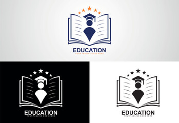 Fototapeta premium Education logo, open book, stylized human figure, graduation cap, stars, blue color scheme, minimalist design