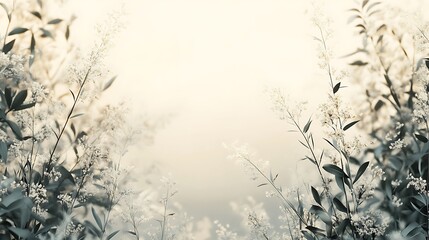 Fototapeta premium An elegant border design of wild meadow grasses and delicate leaves, arranged naturally with soft lighting, a blank center left open for text, subtle pastel tones for a calming aesthetic,
