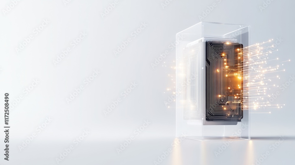 Aufkleber futuristic concept of a high-tech microchip encased in transparent glass with emitting light particl
