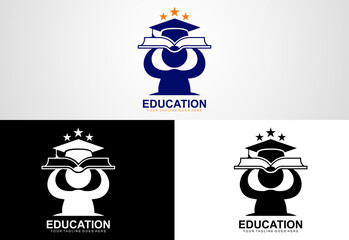 Education logo, open book, stylized human figure, graduation cap, stars, blue color scheme,...