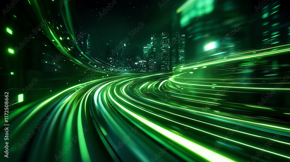 Poster a dynamic view of a futuristic transportation system, illuminated by green lights, capturing the ess