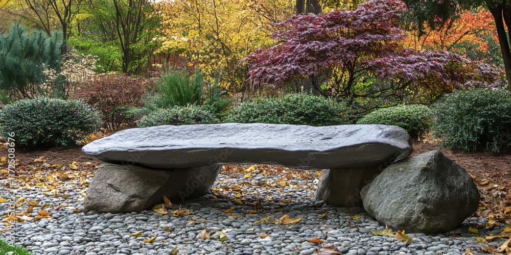 Poster zen inspired rock bench nestled in a tranquil park setting, offering a serene space for reflection a
