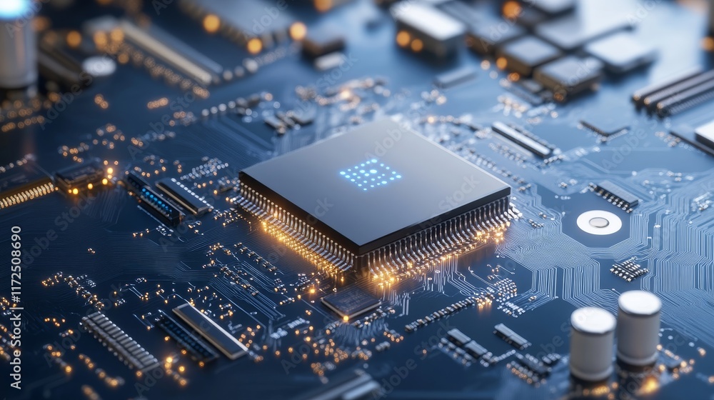 Poster close-up view of a microprocessor on a circuit board highlighting detailed electronic components and