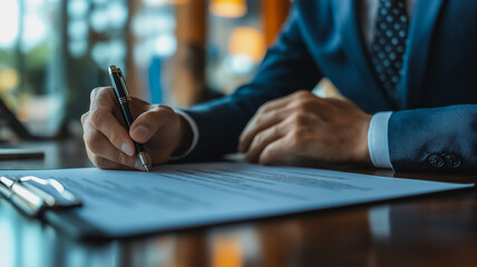 A man is writing on a piece of paper with a pen. He is dressed in a suit and tie, and the image conveys a sense of professionalism and formality
