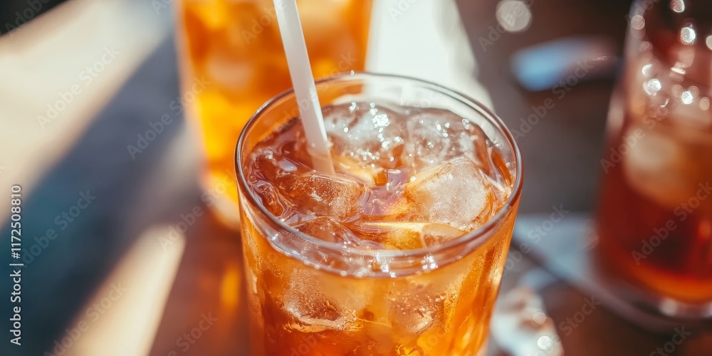 Aufkleber refreshing cold apple tea served with ice and a straw in a studio setting, highlighting the vibrant 