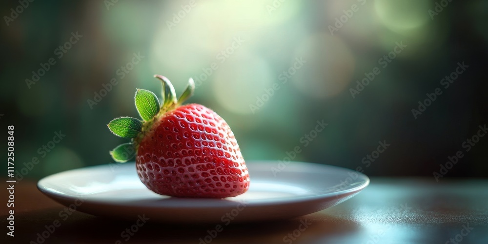 Poster Strawberry displayed on a plate atop a table, showcasing the vibrant colors and freshness, with a selective focus emphasizing the strawberry s enticing texture and appeal.