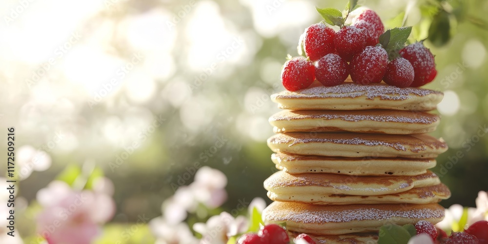 Poster pancakes stacked in a towering arrangement, perfect for celebrating pancake day or shrove tuesday. t